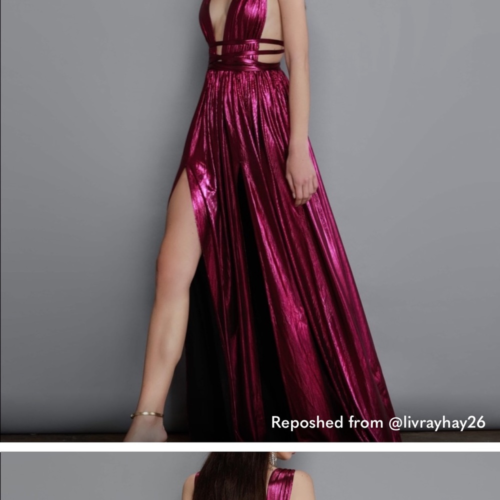 Bronx and Banco Metallic Burgundy Red Plunge Maxi Dress - Picture 5 of 5
